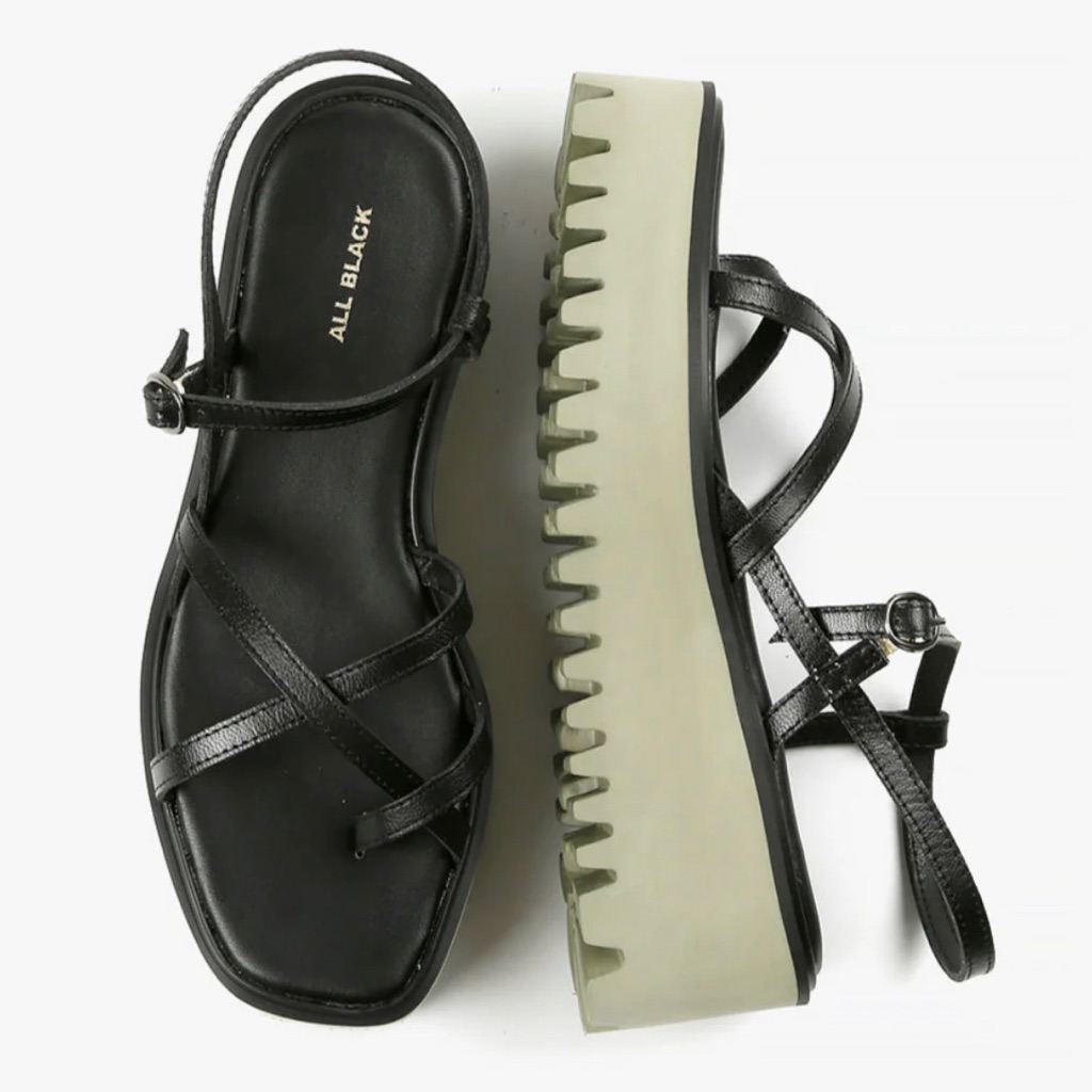 All Black Women's Strappy Platform Lugsole Sandals Size 39.5 Or Size 9